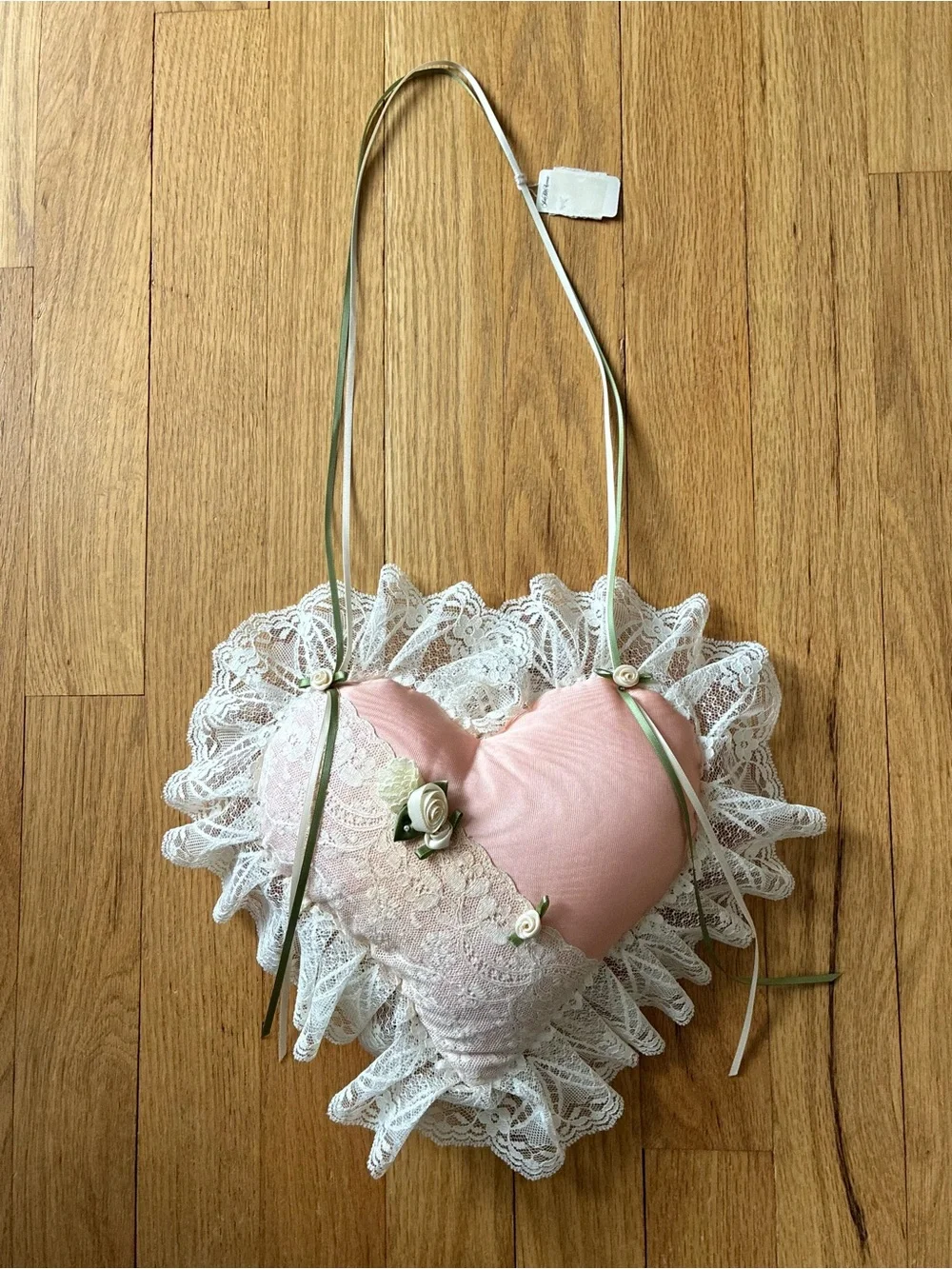 NWT Saks Fifth Avenue, Antique Blush Pink Hanging Heart Pillow, England, 1980s